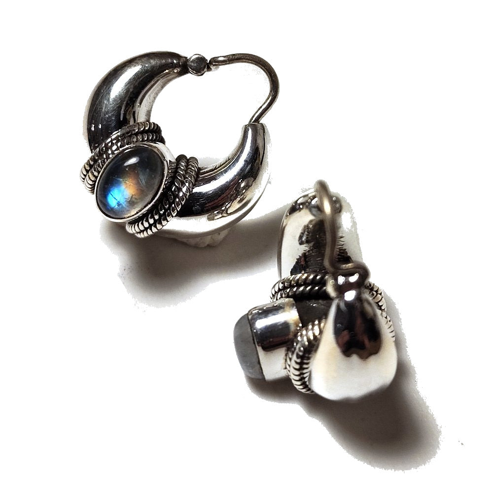 ORECCHINI bombati indiani a cerchio argento con Pietra di luna