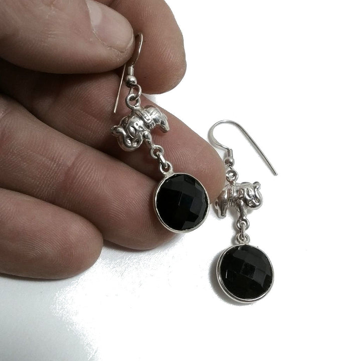 OHRRINGE aus 925er Silber mit handgefertigtem ELEFANTEN aus schwarzem Onyx | Ethnische OHRRINGE
