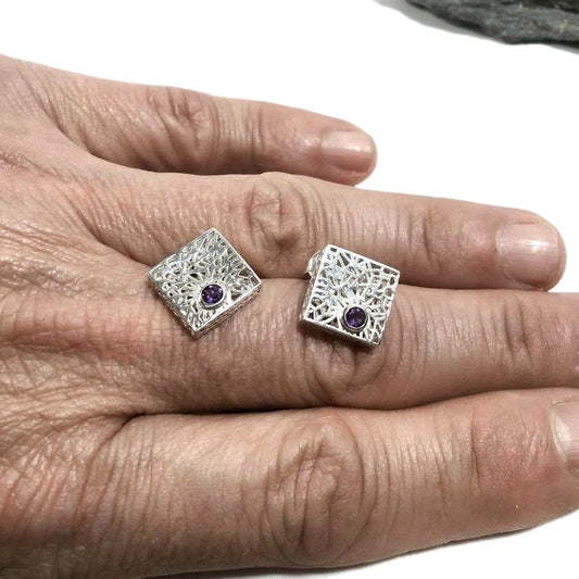 Orecchini da lobo in argento 925 - Ametista | Gioielli argento piercing