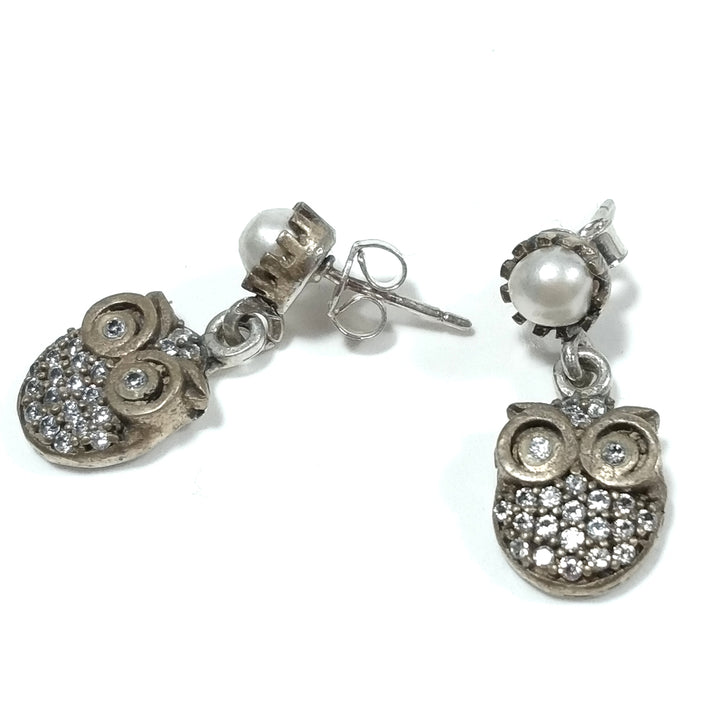 OWL EARRINGS in silver/brass PEARL