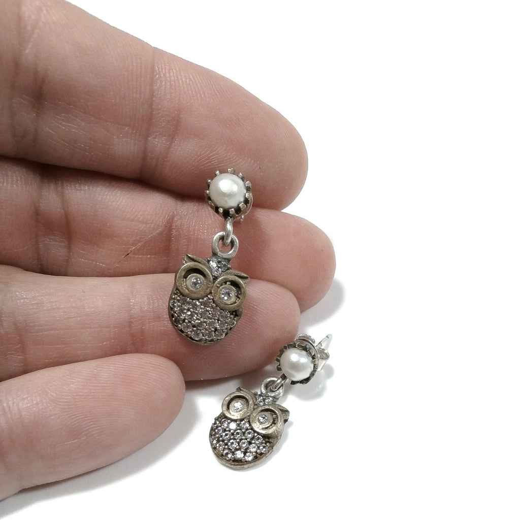 OWL EARRINGS in silver/brass PEARL
