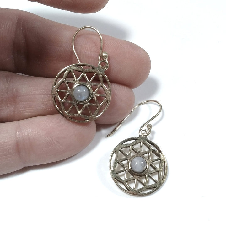 EARRINGS Flower of Life Polished brass EARRINGS Moonstone