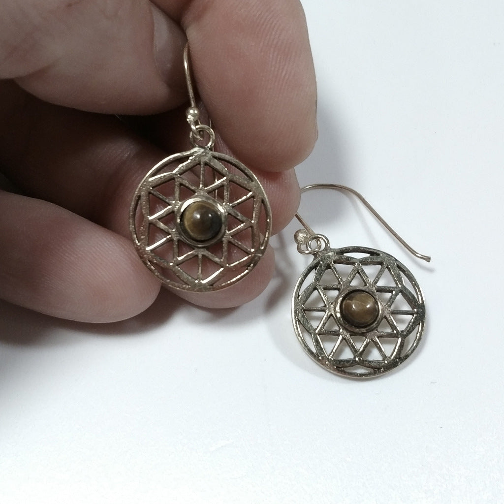 EARRINGS Polished brass EARRINGS Tiger's Eye | Flower of Life
