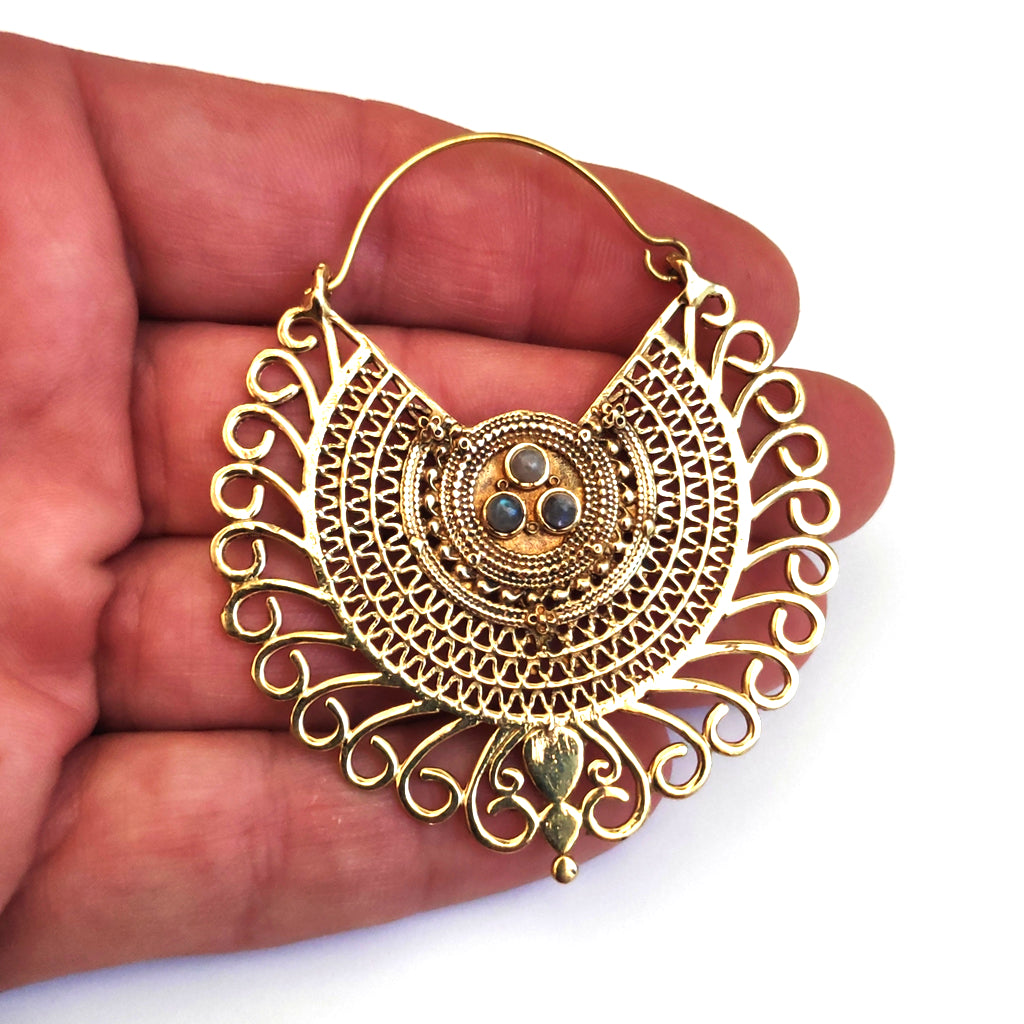 HOOP OHRRING Poliertes Messing Handgefertigte Labradorit-Ohrringe | Kreis