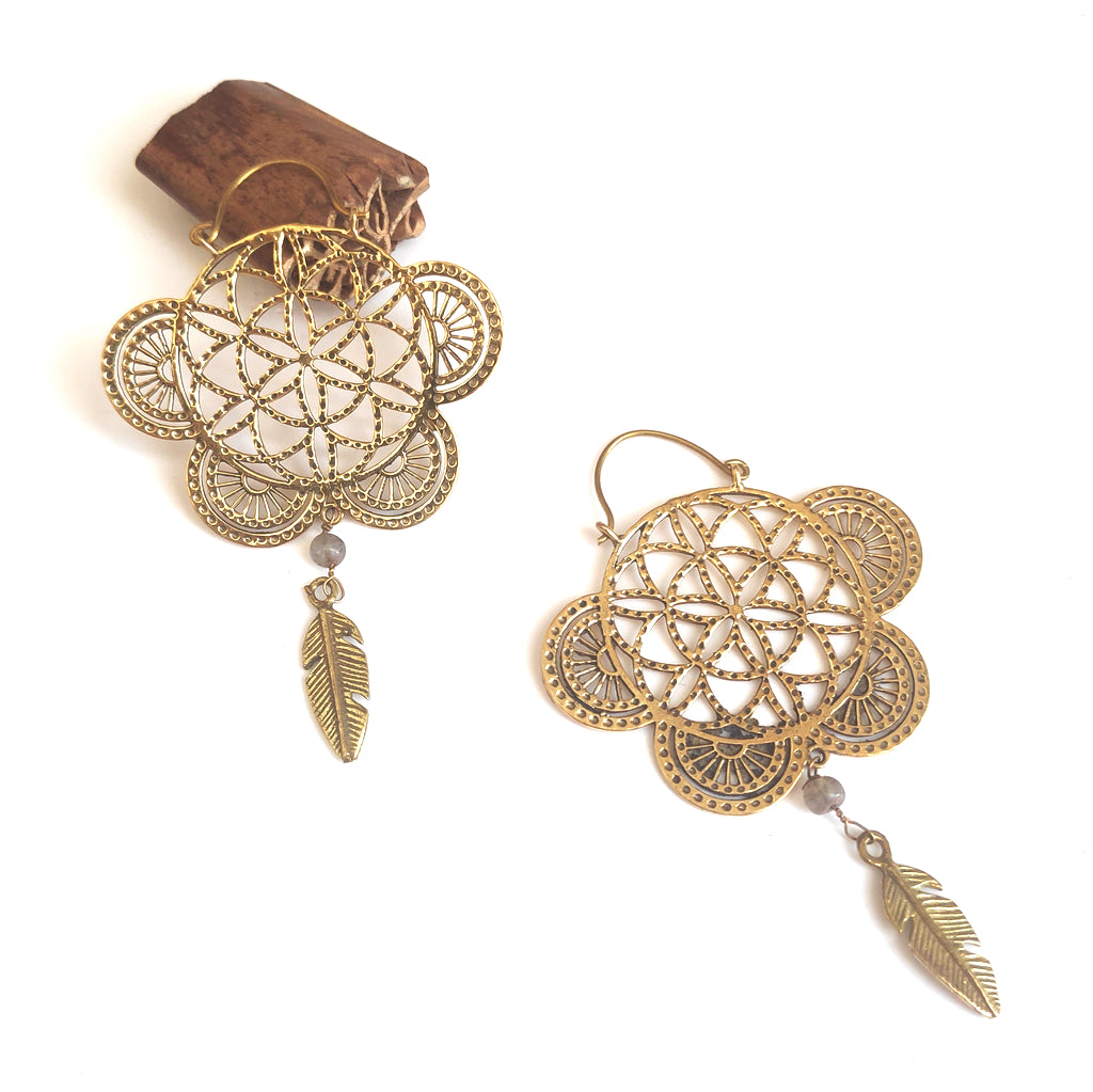 ORECCHINI ETNICI Ottone lucido Orecchini artigianali | Fiore della Vita