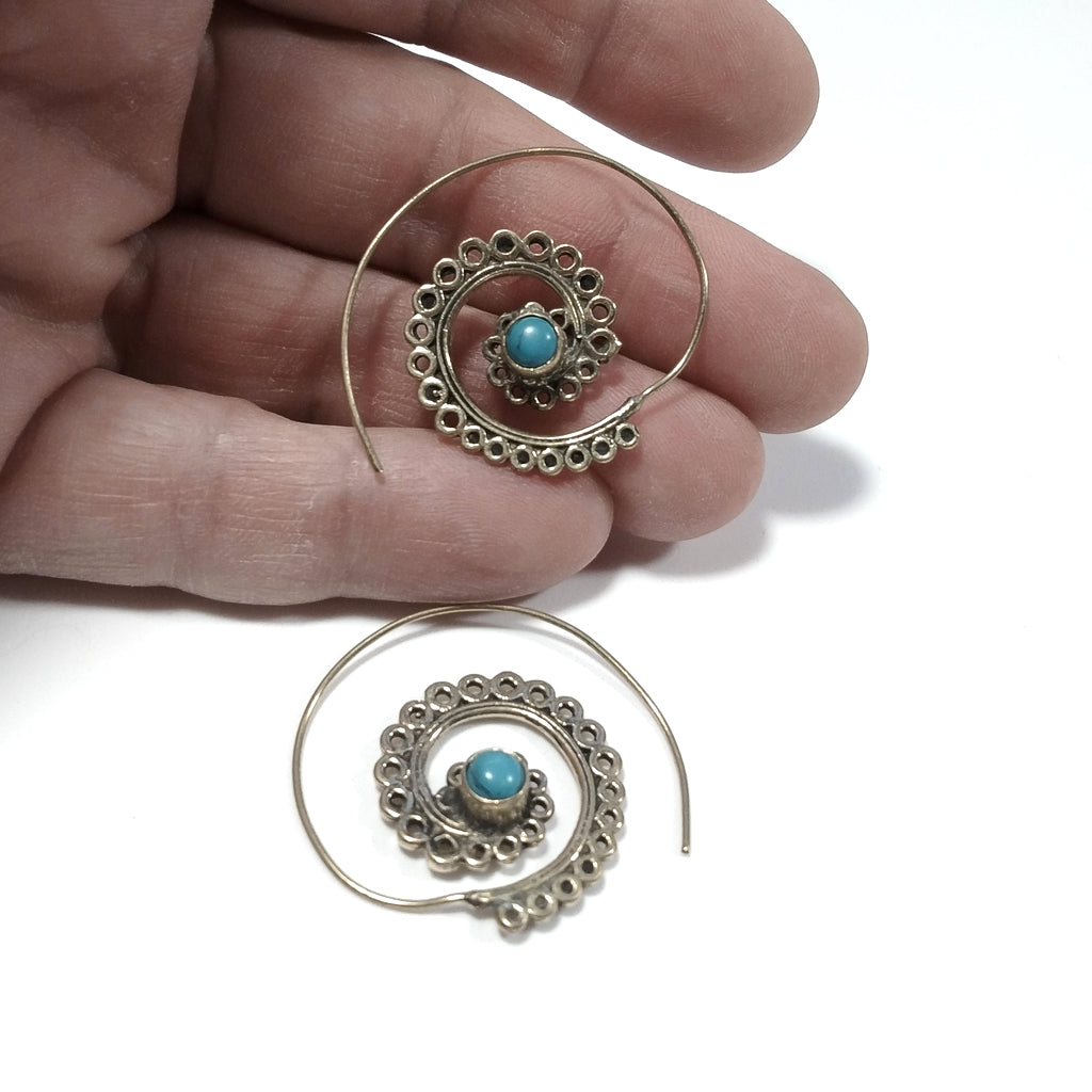 ETHNIC EARRINGS Polished brass EARRINGS Turquoise | Spiral