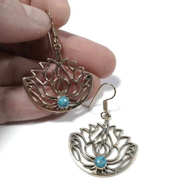 ETHNIC EARRINGS Polished brass EARRINGS Turquoise | Lotus flower