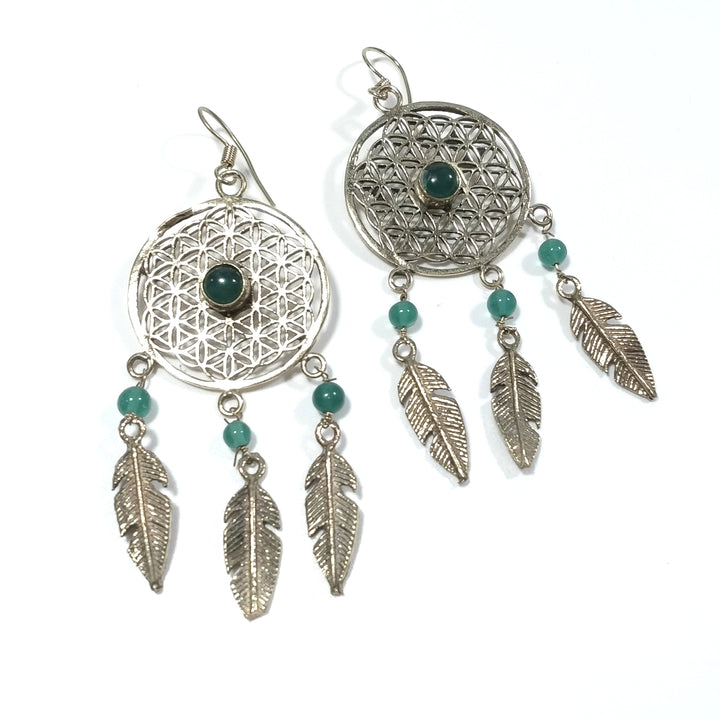 ETHNISCHE OHRRINGE OHRRINGE aus poliertem Messing Grüner Achat | Blume des Lebens