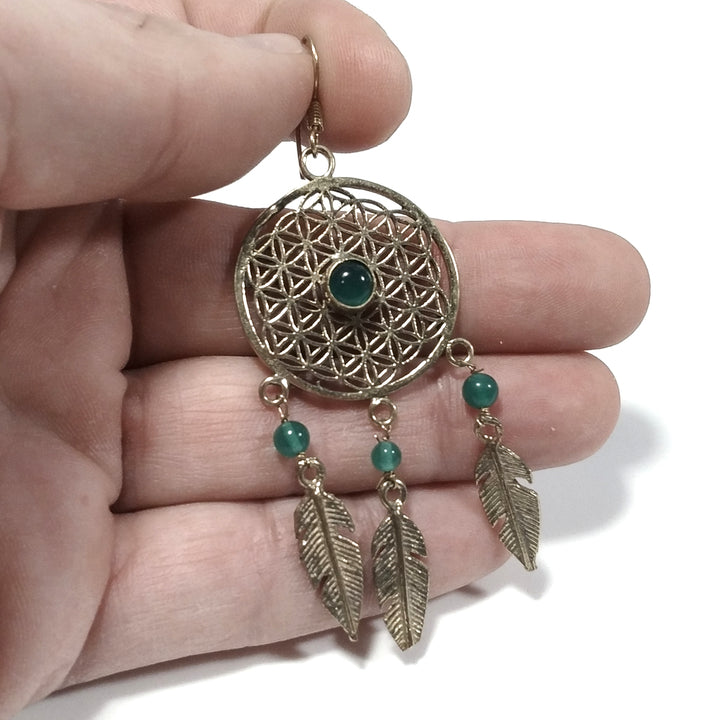 ETHNISCHE OHRRINGE OHRRINGE aus poliertem Messing Grüner Achat | Blume des Lebens