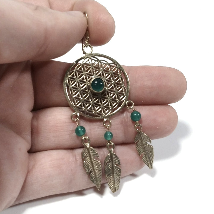 ETHNISCHE OHRRINGE OHRRINGE aus poliertem Messing Grüner Achat | Blume des Lebens