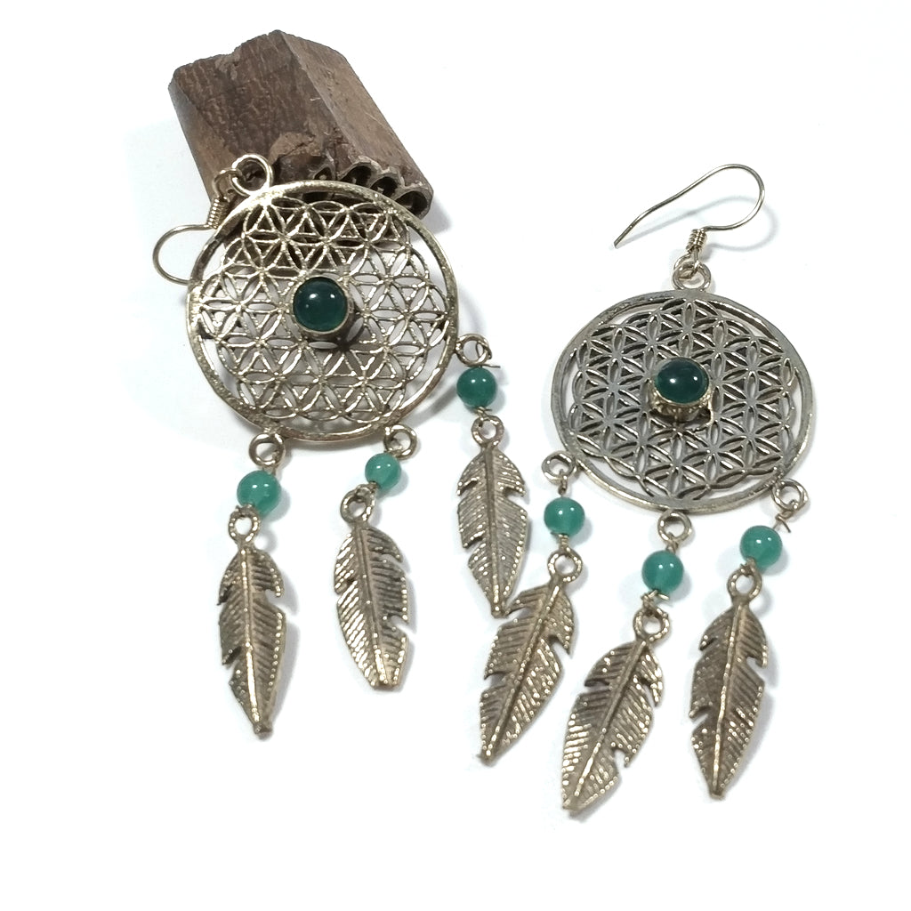 ORECCHINI ETNICI Ottone lucido ORECCHINI Agata verde | Fiore della Vita