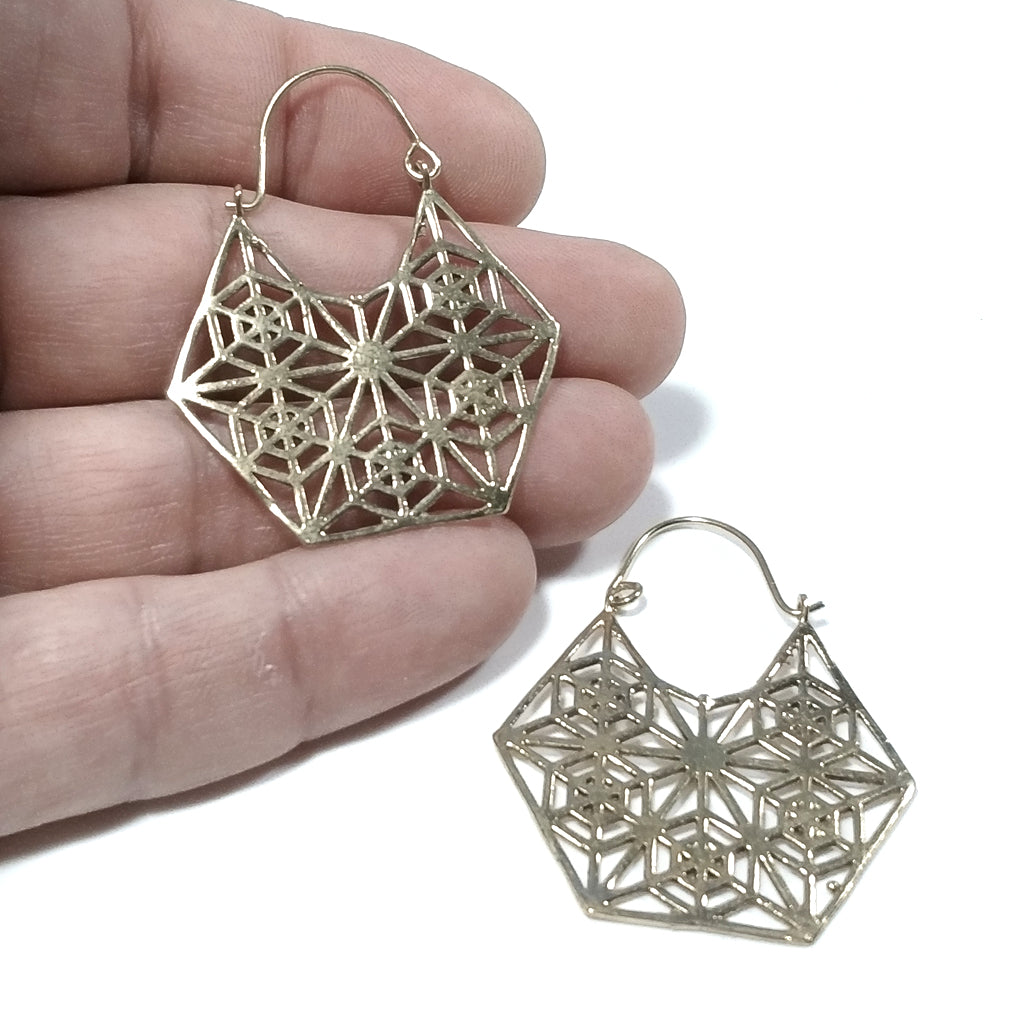 ETHNIC EARRINGS Polished brass - Hexagon