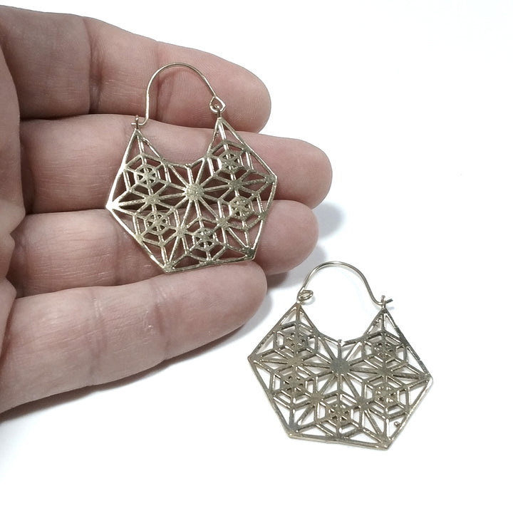 ETHNIC EARRINGS Polished brass - Hexagon