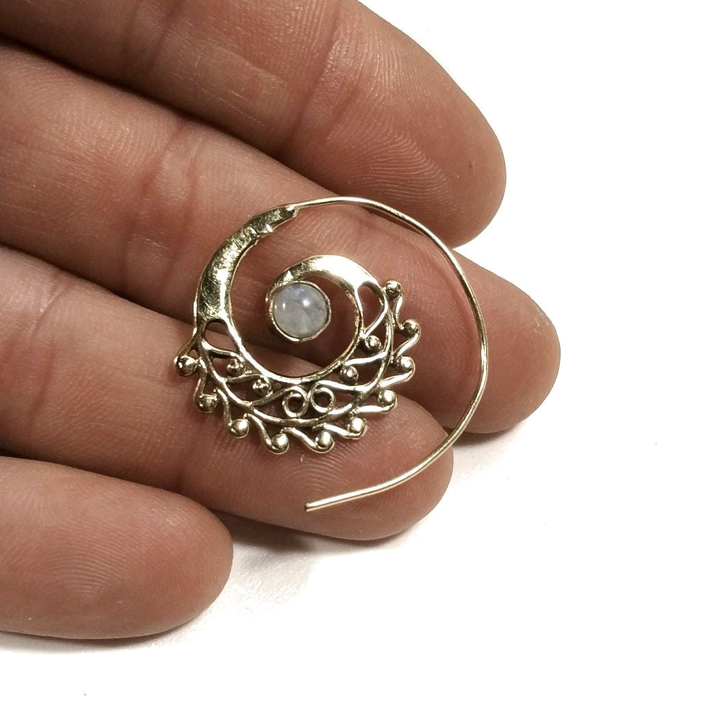 ORECCHINI ETNICI Ottone lucido ORECCHINI Pietra di luna | SPIRALE | BOHO style