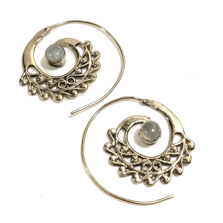 ORECCHINI ETNICI Ottone lucido ORECCHINI Pietra di luna | SPIRALE | BOHO style