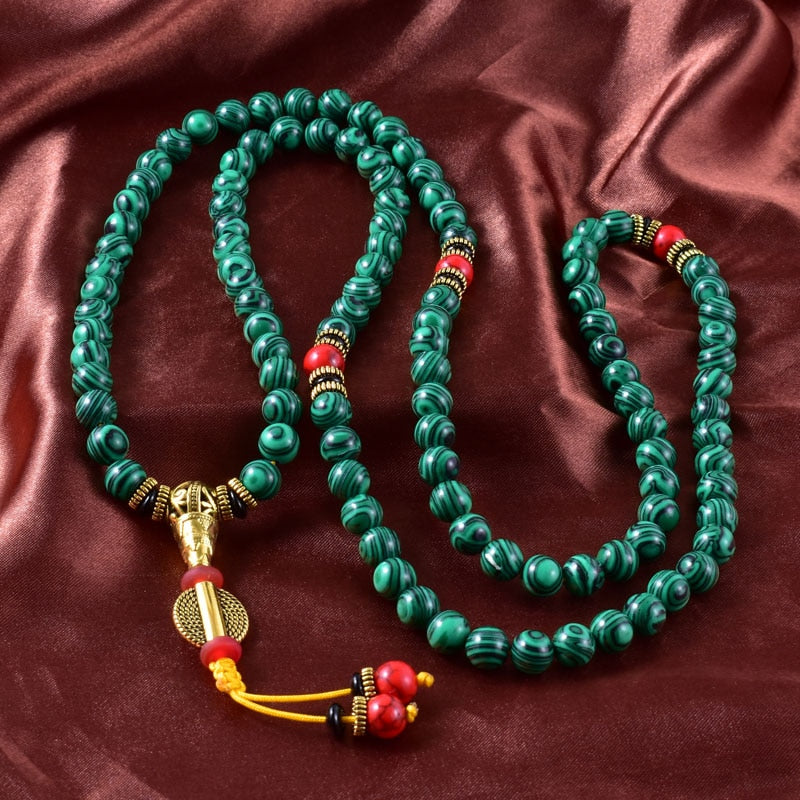 Japamala in MALACHITE 8 mm - Rosario tibetano di BUON AUSPICIO