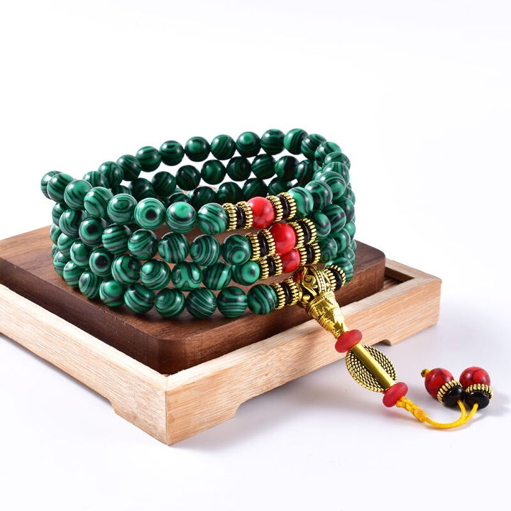 Japamala in MALACHITE 8 mm - Rosario tibetano di BUON AUSPICIO