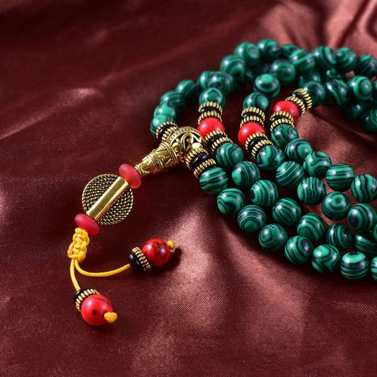 Japamala in MALACHITE 8 mm - Rosario tibetano di BUON AUSPICIO