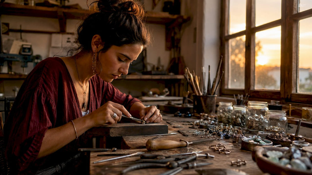 Nel suo laboratorio, l’artigiano crea gioielli di slow fashion curando ogni dettaglio e privilegiando la qualità e la sostenibilità.