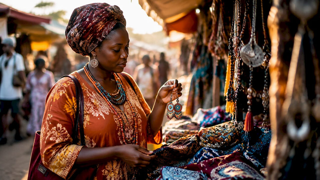Una donna africana osserva attentamente degli orecchini realizzati a mano, curiosa di scoprirne i dettagli e la qualità artigianale.