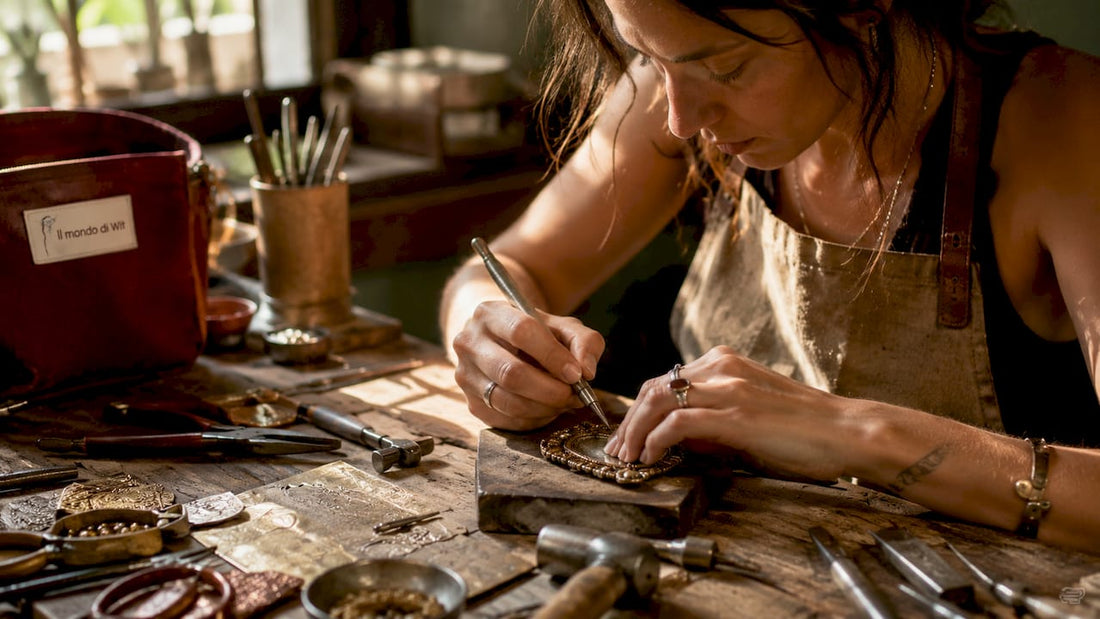 Le mani esperte di un’artigiana danno vita a gioielli dal fascino etnico.