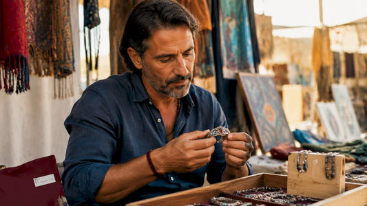 Un uomo osserva con attenzione un bracciale artigianale dallo stile etnico.