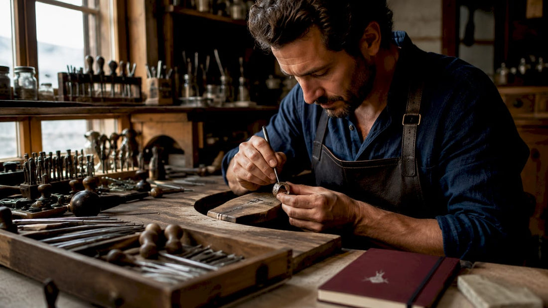 Un maestro orafo intento a rifinire con cura un antico anello realizzato a mano.