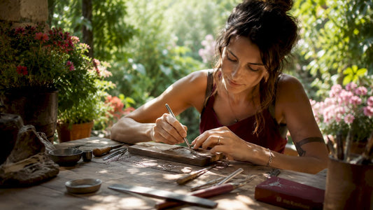 Una donna artigiana crea gioielli sostenibili e solidali, mettendo passione e impegno in ogni pezzo realizzato.