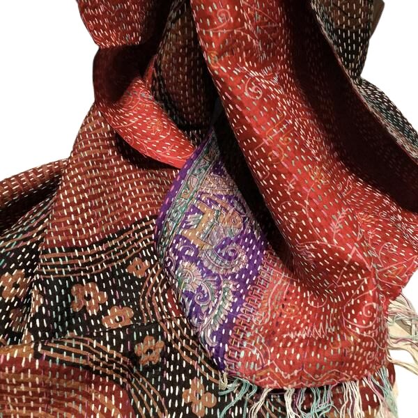 Sciarpa KANTHA con tessuti vintage misto seta ricamo a mano ocra-rosso
