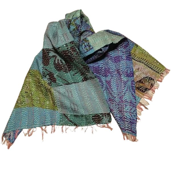 Sciarpa KANTHA con tessuti vintage misto seta ricamo a mano blu - patchwork – immagine1