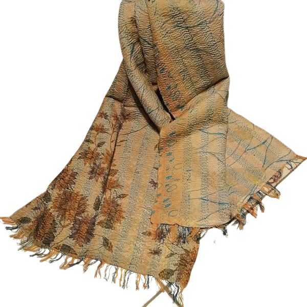 Sciarpa KANTHA con tessuti vintage misto seta ricamo a mano dorata – immagine3
