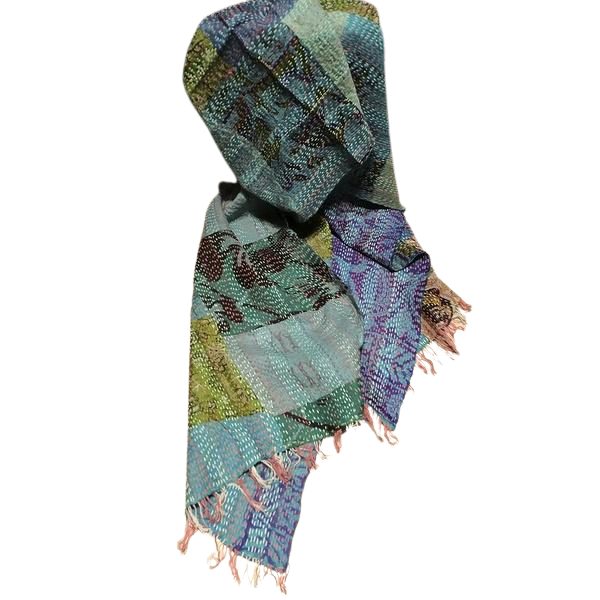 Sciarpa KANTHA con tessuti vintage misto seta ricamo a mano blu - patchwork – immagine3