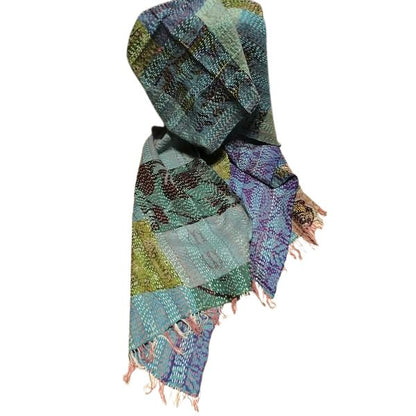 Sciarpa KANTHA con tessuti vintage misto seta ricamo a mano blu - patchwork – immagine3
