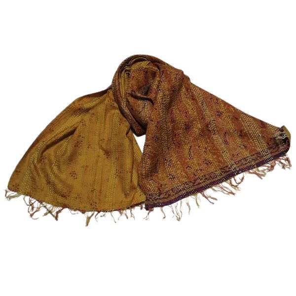 Sciarpa KANTHA con tessuti vintage misto seta ricamo a mano gialla – immagine1