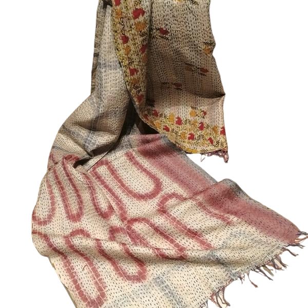 Sciarpa KANTHA con tessuti vintage misto seta ricamo a mano beige – immagine2