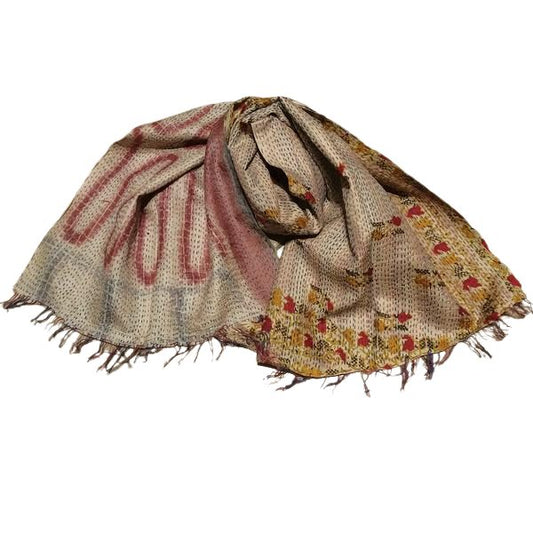 Sciarpa KANTHA con tessuti vintage misto seta ricamo a mano beige – immagine1