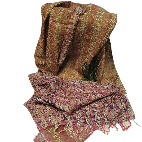 Sciarpa KANTHA con tessuti vintage misto seta ricamo a mano beige blu – immagine3