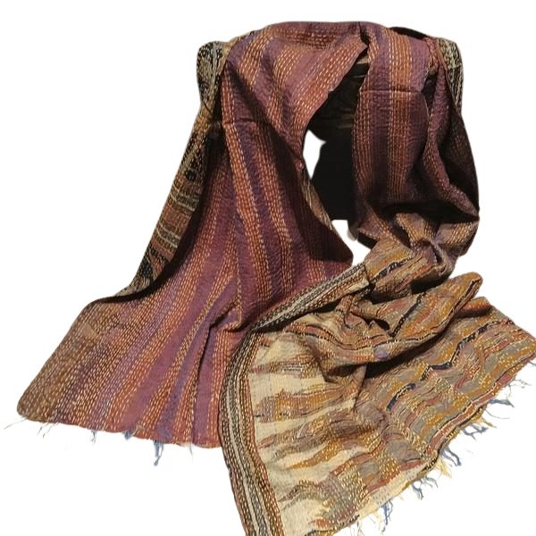 Sciarpa KANTHA con tessuti vintage misto seta ricamo a mano bronze - nero – immagine2