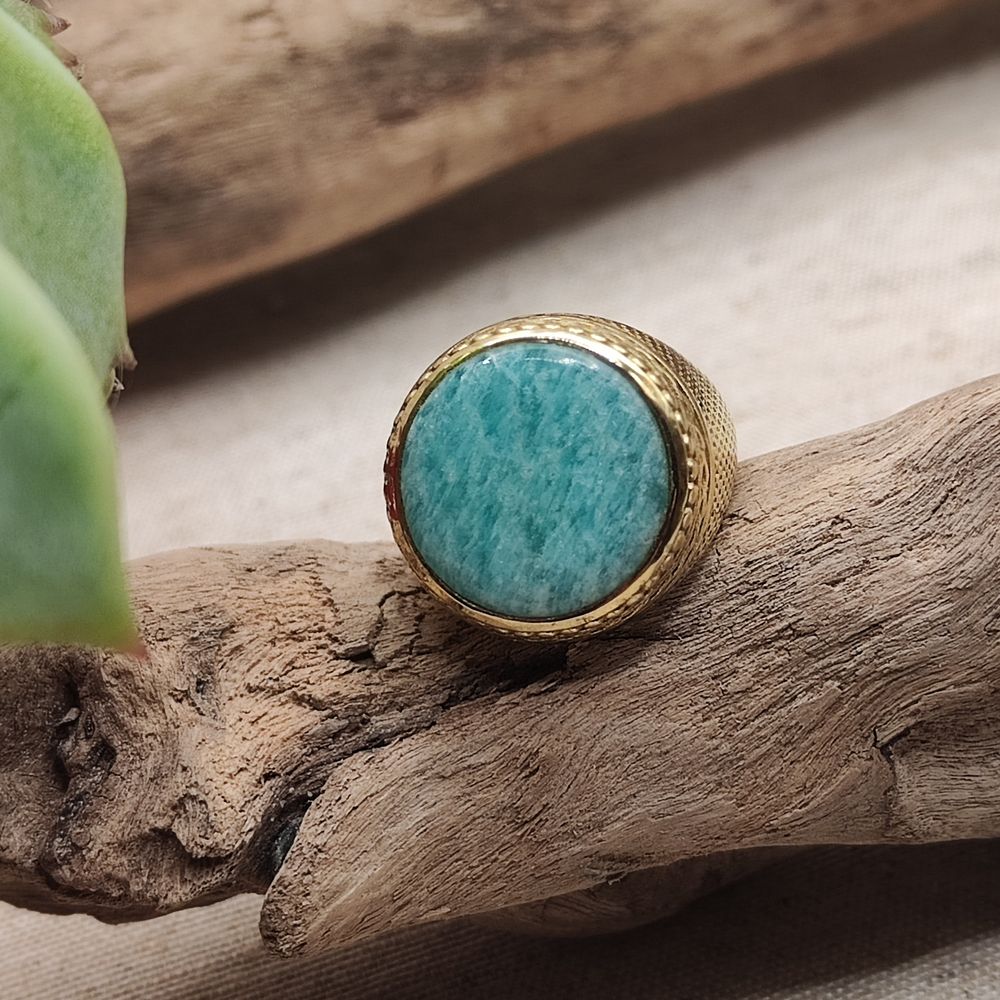 ANELLO etnico a fascia in ottone con pietra - DHENKA – amazzonite