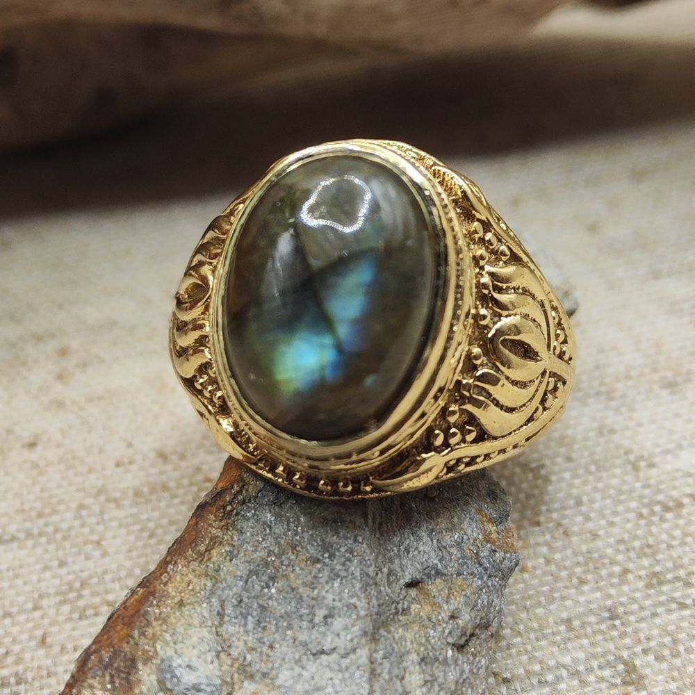 ANELLO etnico a fascia in ottone con LABRADORITE - KESHIARY