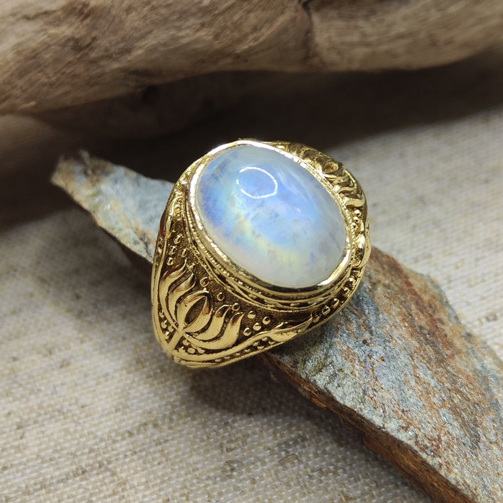 ANELLO etnico a fascia in ottone con PIETRA DI LUNA - KESHIARY