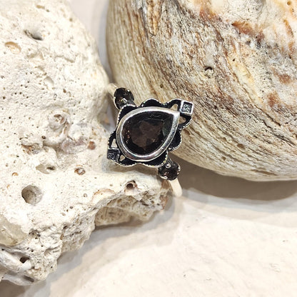 Anello etnico in argento 925 con pietra - VIDISHA quarzo fumè