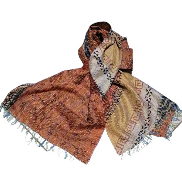 Sciarpa KANTHA con tessuti vintage misto seta ricamo a mano bronzo