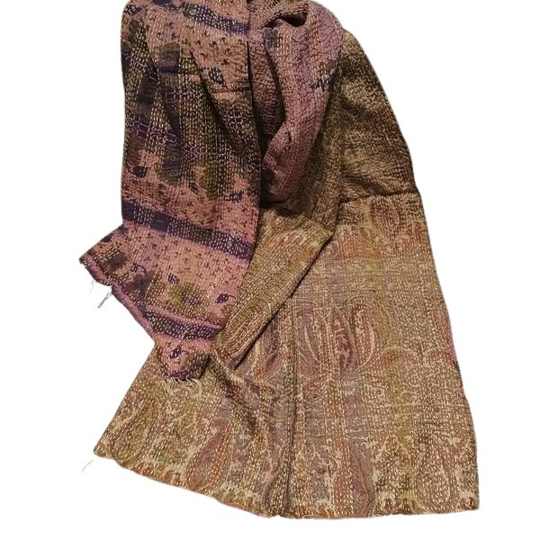Sciarpa KANTHA con tessuti vintage misto seta ricamo a mano verde - rosa antico – immagine3