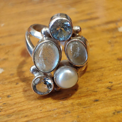 ANELLO argento 925 ACQUAMARINA, perla e TOPAZIO - MARA – immagine1