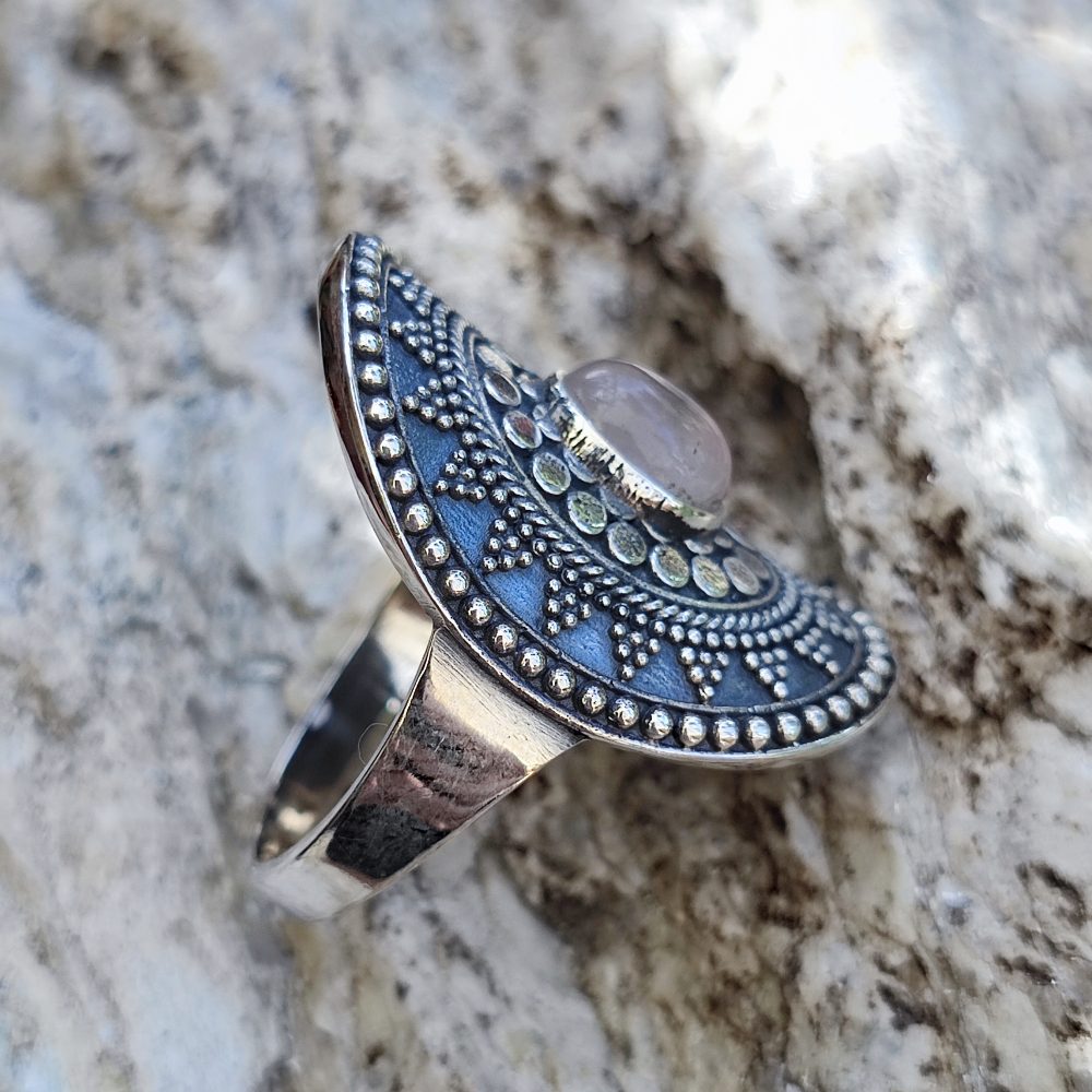 Anello etnico in argento 925 con Quarzo rosa - GINGEE