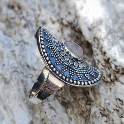 Anello etnico in argento 925 con Quarzo rosa - GINGEE
