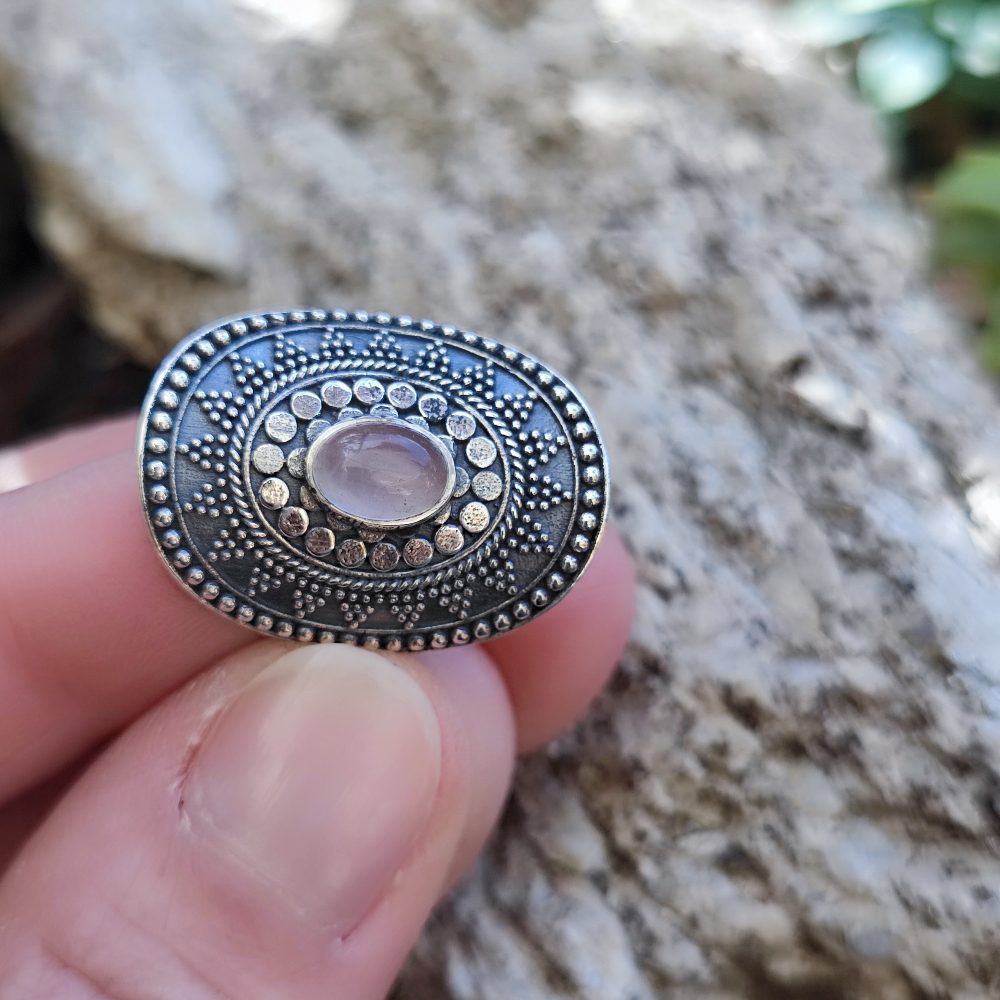 Anello etnico in argento 925 con Quarzo rosa - GINGEE