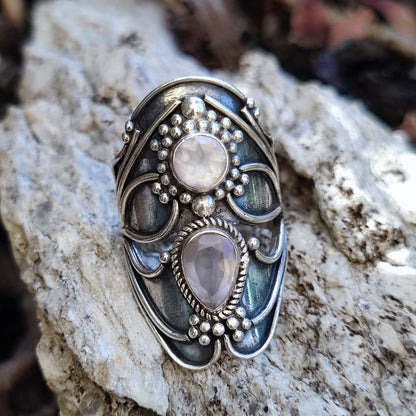 Anello etnico in argento 925 con Quarzo rosa - KAVERI