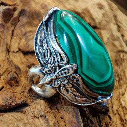 Anello etnico in argento 925 con pietra - GYARAM – malachite